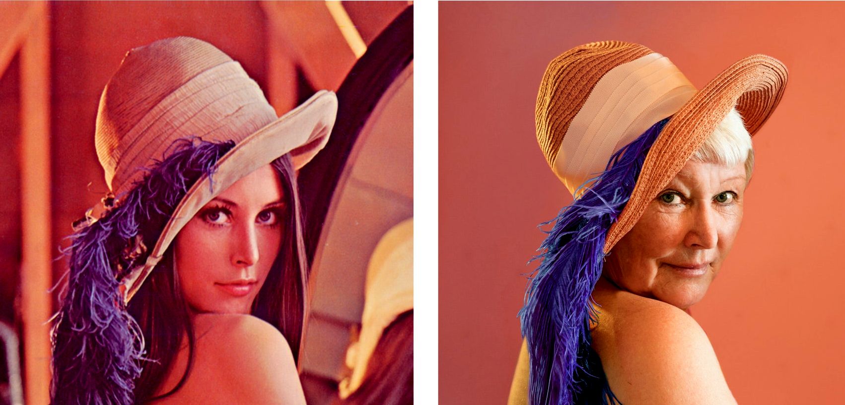 Imatge de Lena posant per Playboy amb barret i ploma de 1972. Mateixa imatge recreada amb Lena el 2019.
